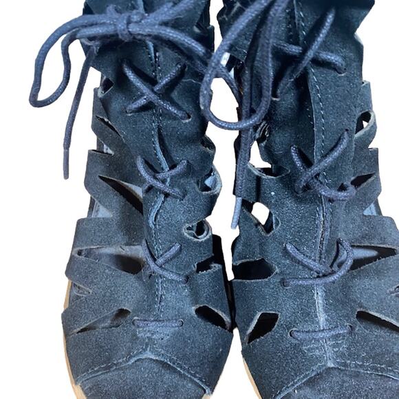 Mia Black Suede Caged Open Toe Lace Up Ankle Heels Women Sz 7 - Picture 10 of 12